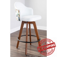Lumisource B26-AHOY FLORAL WLW Ahoy Mid-Century Counter Stool in Walnut and White Fabric with Floral Design